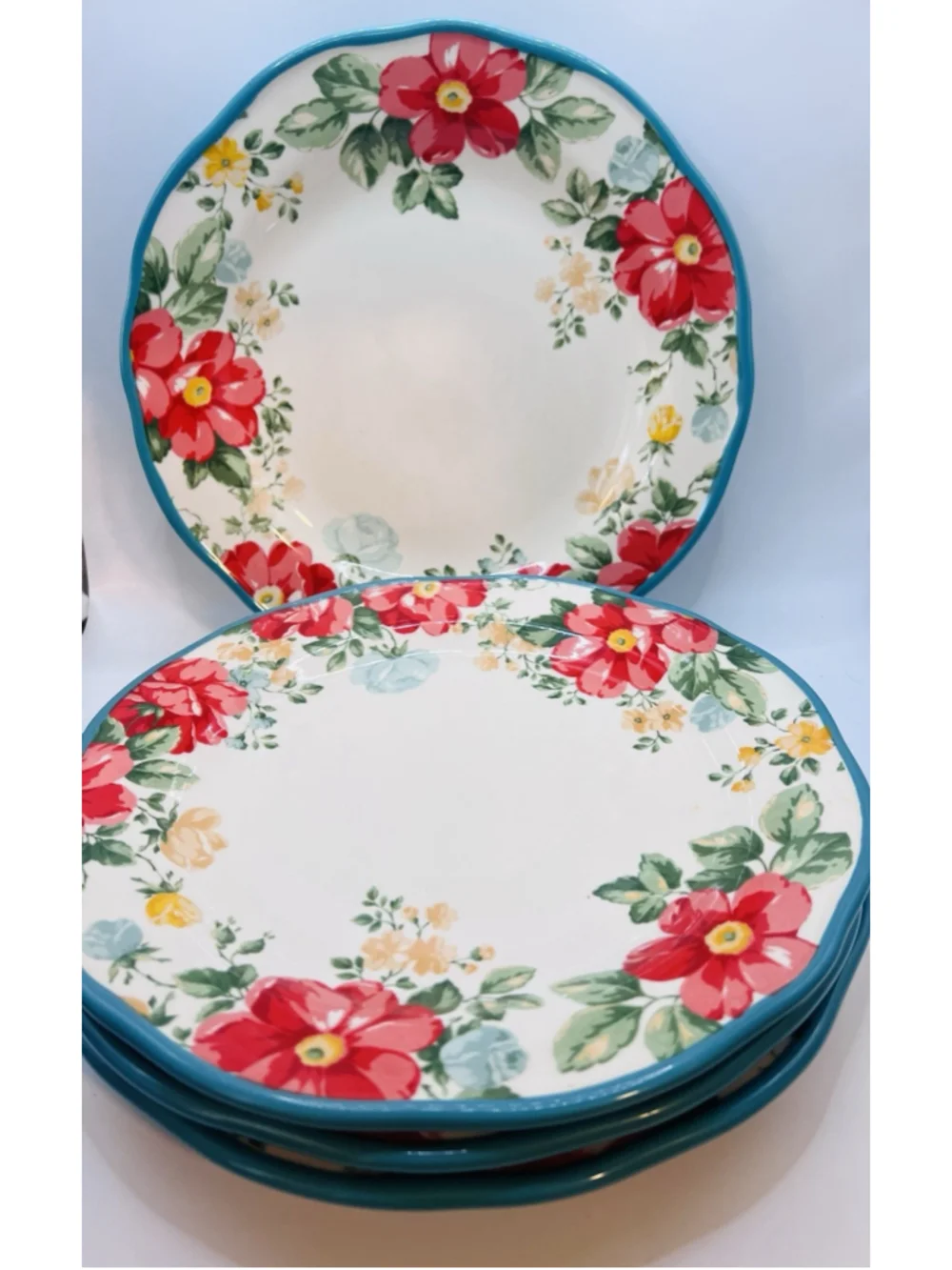Set of (4) Pioneer Woman Vintage Floral Teal Red Stoneware Dinner Plates 10.5”